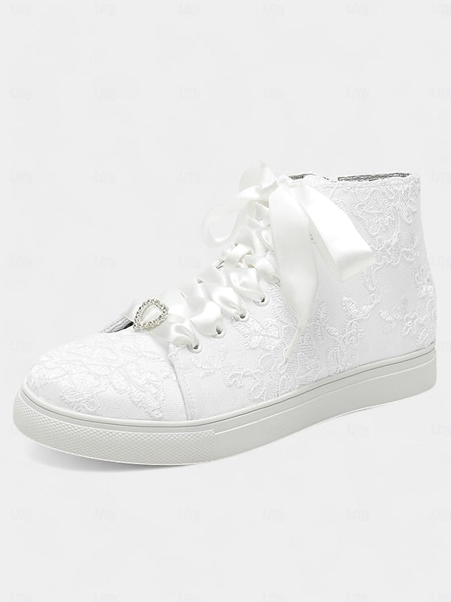 Women's Wedding Sneakers Ribbon Lace Satin with Ivory Laces
