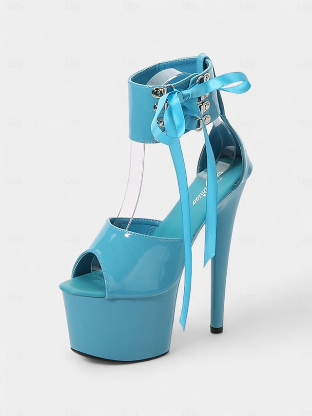 Straps Black Leather Ankle Lace-Up with Patent Sandals Platform