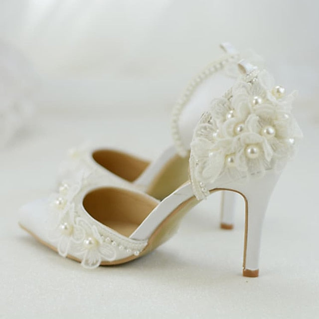 White Floral Platform Heels Wedding Lace with Women's