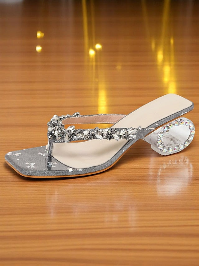 Women's Rhinestone Toe Heels - Sparkly Sandals Silver Open