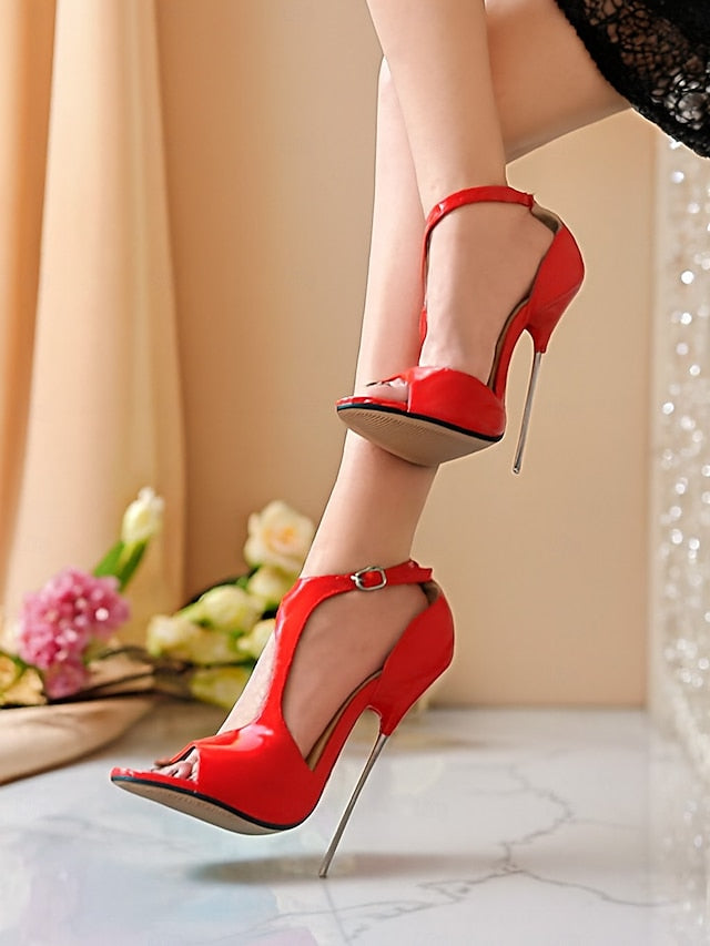 Stiletto Red Leather Strappy - Open Patent Heels Women's