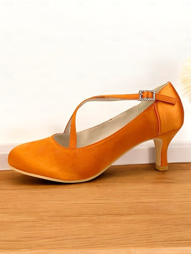 with Rhinestone White – Elegant Satin Buckle Cross-Strap Heels