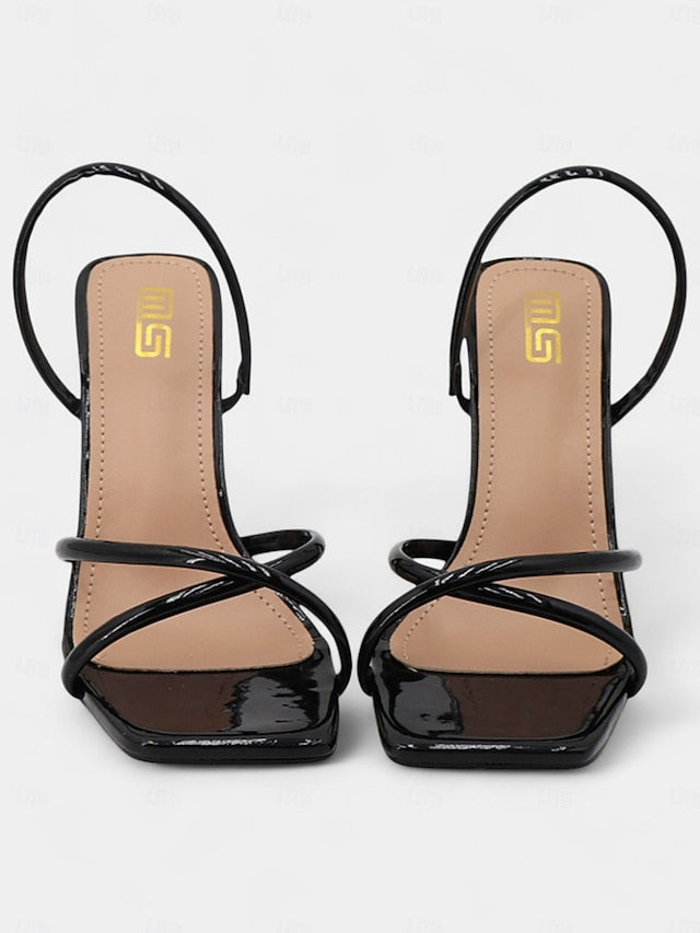 Square Beige Strappy – Toe with Design Sandals Heeled