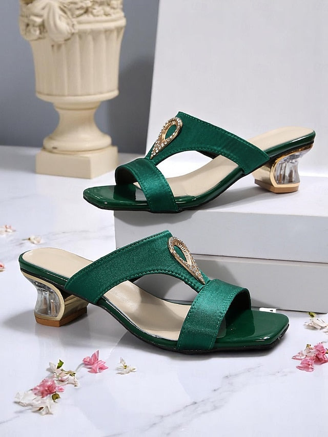 Slide Women's Rhinestone Green Satin Sandals with