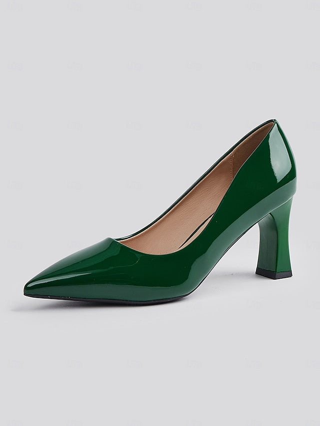 Pumps Patent Faux Pointed-Toe Heel Glossy Leather Green Block