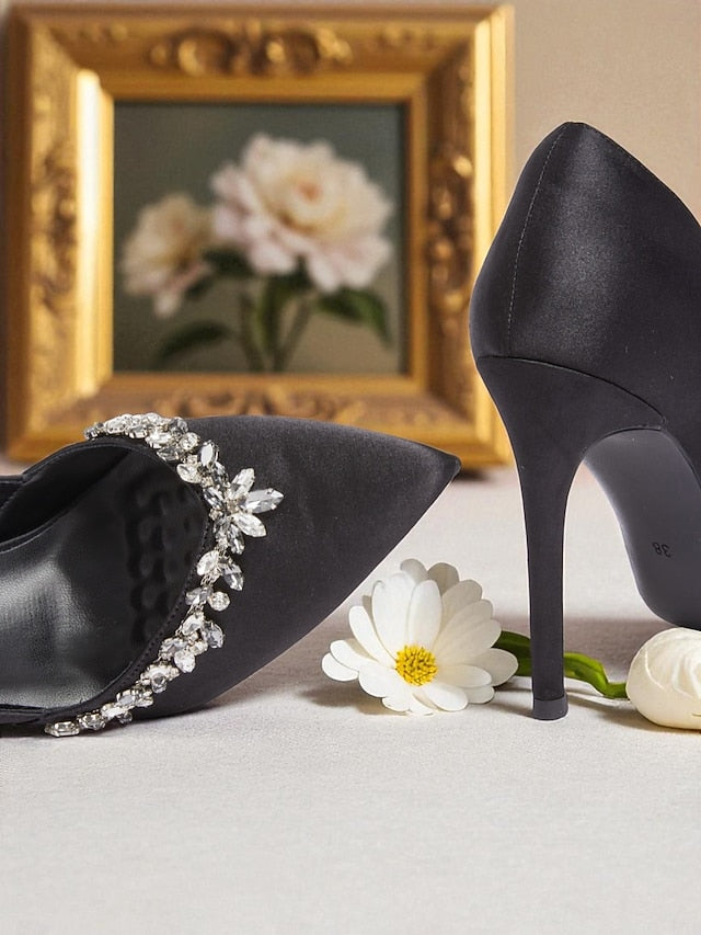 Heels Toe Satin Women's with Crystal Embellishment Pointed