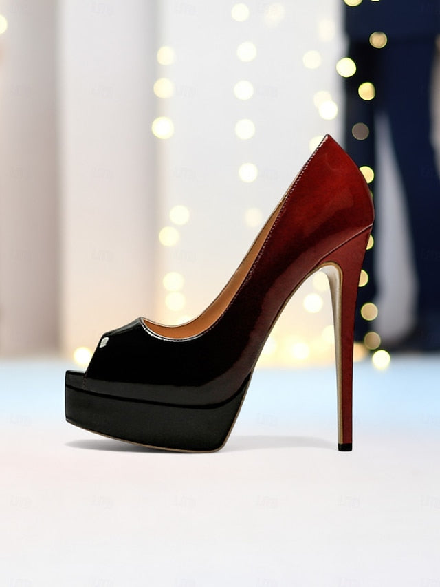 Peep Toe Heels High Black Platform Women's Leather Patent