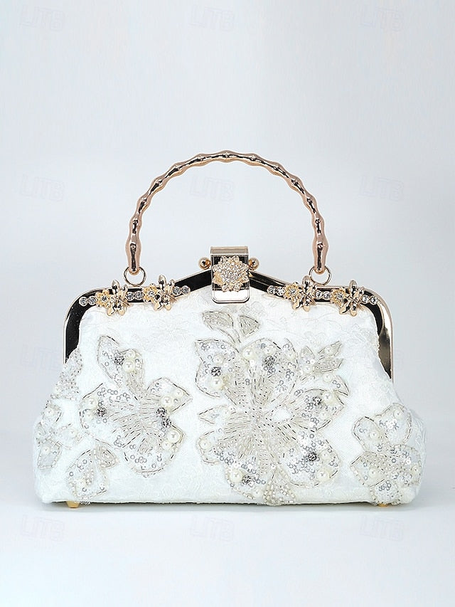 with White Floral Elegant Evening and Pearl Lace Handbag