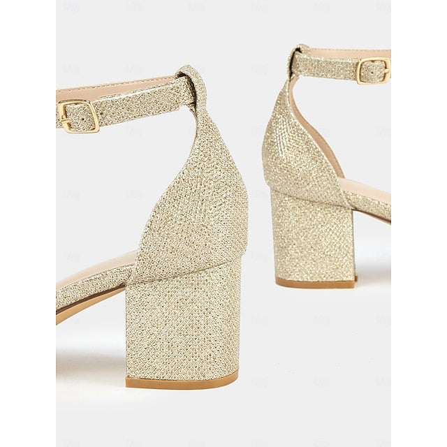 Stylish Ankle Gold Sandals Block with Glitter Heel Women's