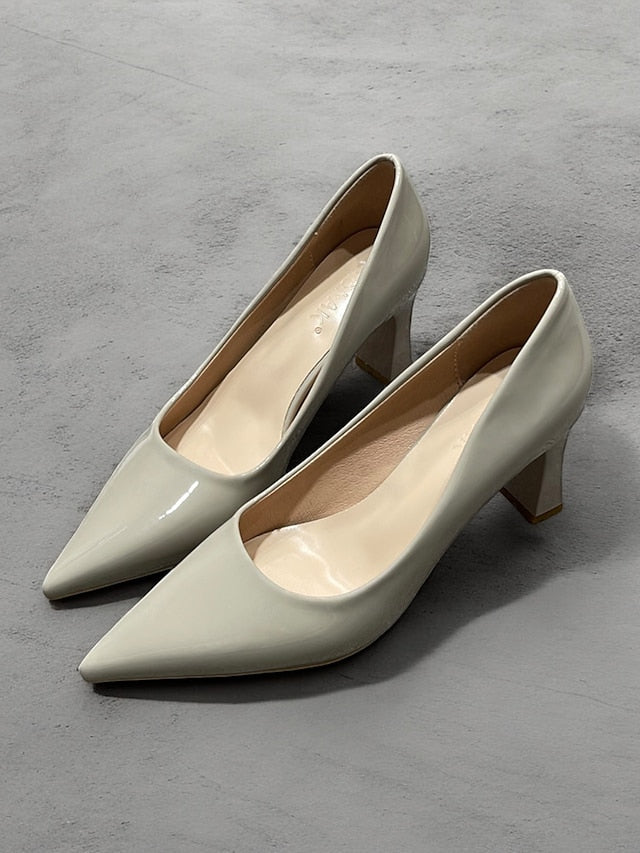 Pumps Patent Faux Pointed-Toe Heel Glossy Leather Green Block