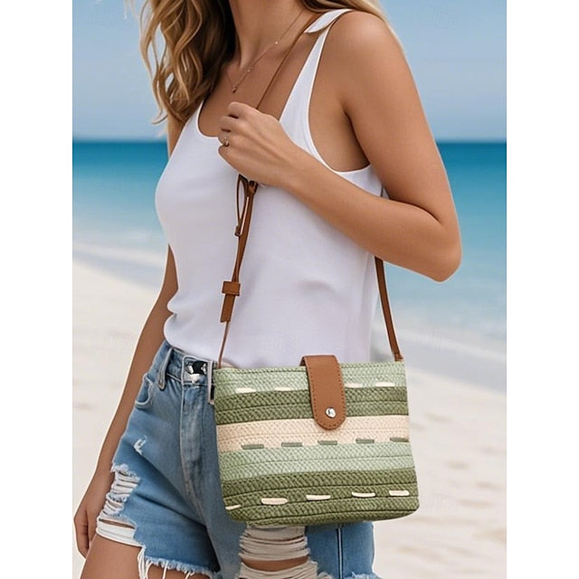 Gestreift mit Tasche Colorblock Damen Stroh gewebt braun Tote