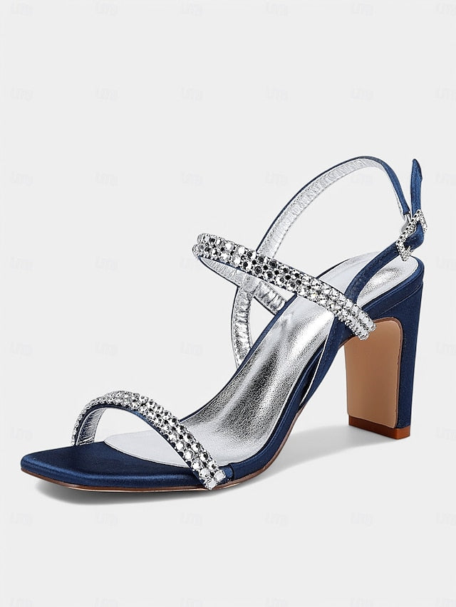 Sandals Prom White Block Rhinestone Women's Bridal – Heel