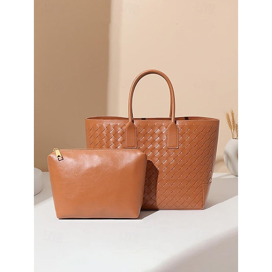Sac fourre-tout marron tissé et sac en cuir pour femme élégant –