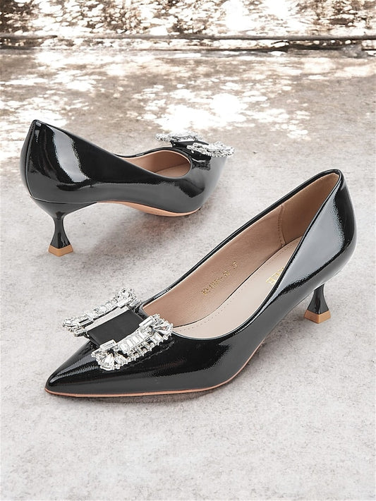 Black Crystal Women's Patent Pumps with Embellished Leather