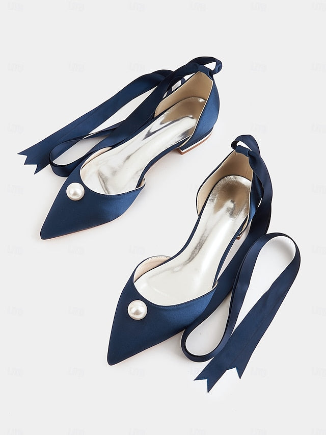 - Pointed Toe Navy Women's Pearl Satin Embellished Flats