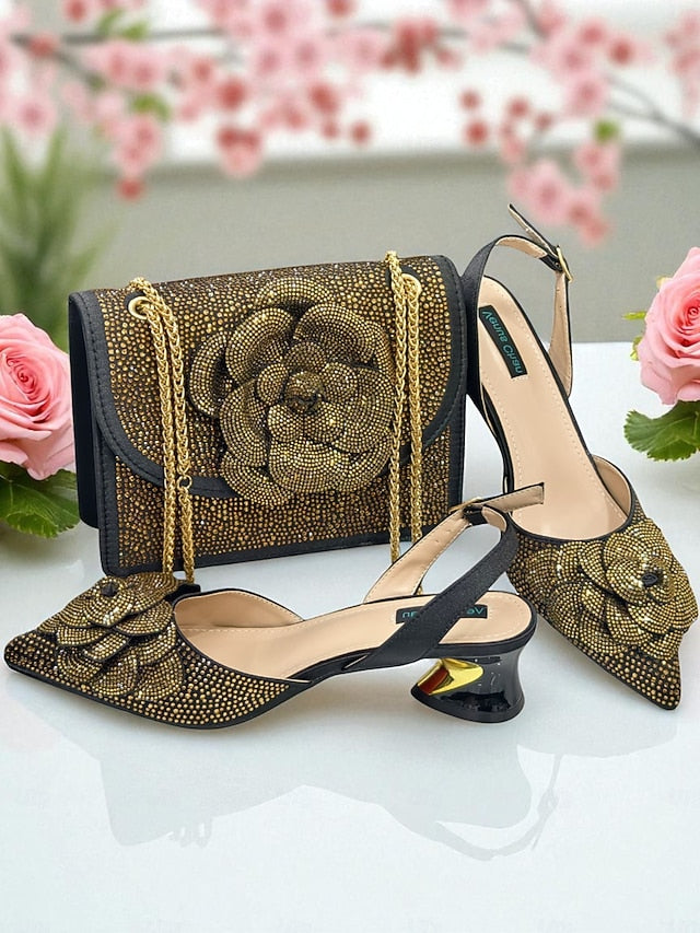 Gold Matching Rhinestone with Pumps Slingback Women's