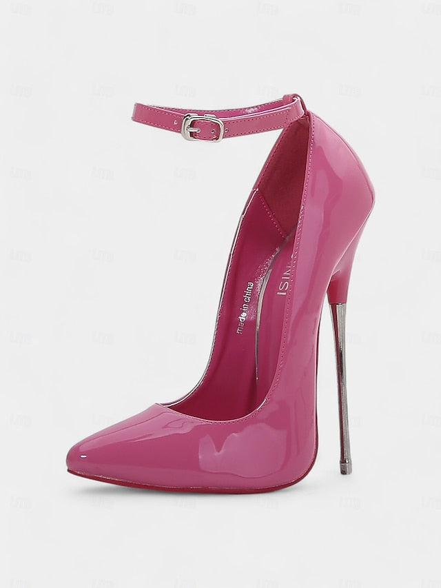 Ankle Stiletto Strap Red Heels Leather Women's with Patent