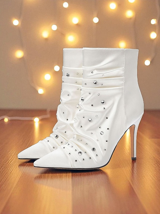 Women's Ankle White Rhinestone Satin with Boots