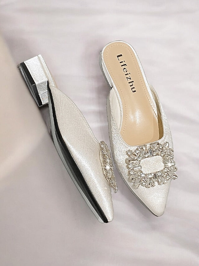 Rhinestone with Women's Pointed-Toe Satin Black Mules