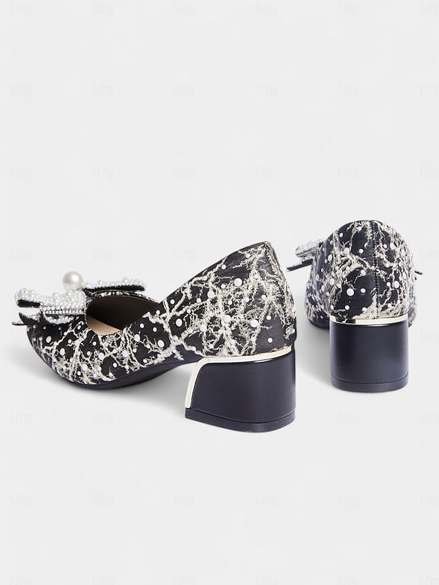 and Detail Gold Pumps with Black Bow Pearl-Embellished –