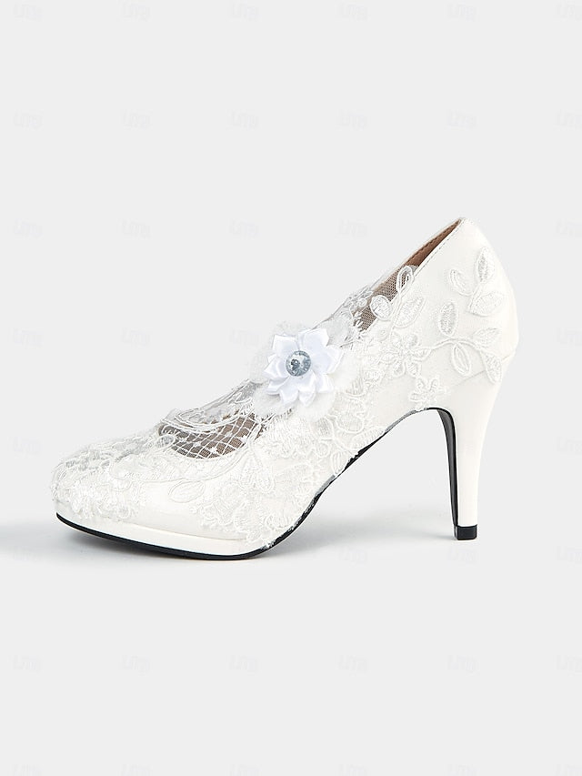 – White Floral Embellishments Lace with High Heel Bridal Shoes