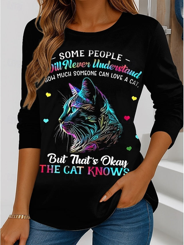 Women's T shirt Crew Neck Long Sleeve Tunic Graphic Cat