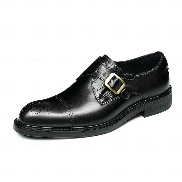 Genuine Leather Strap Black First Dress Monk Men's Shoes-