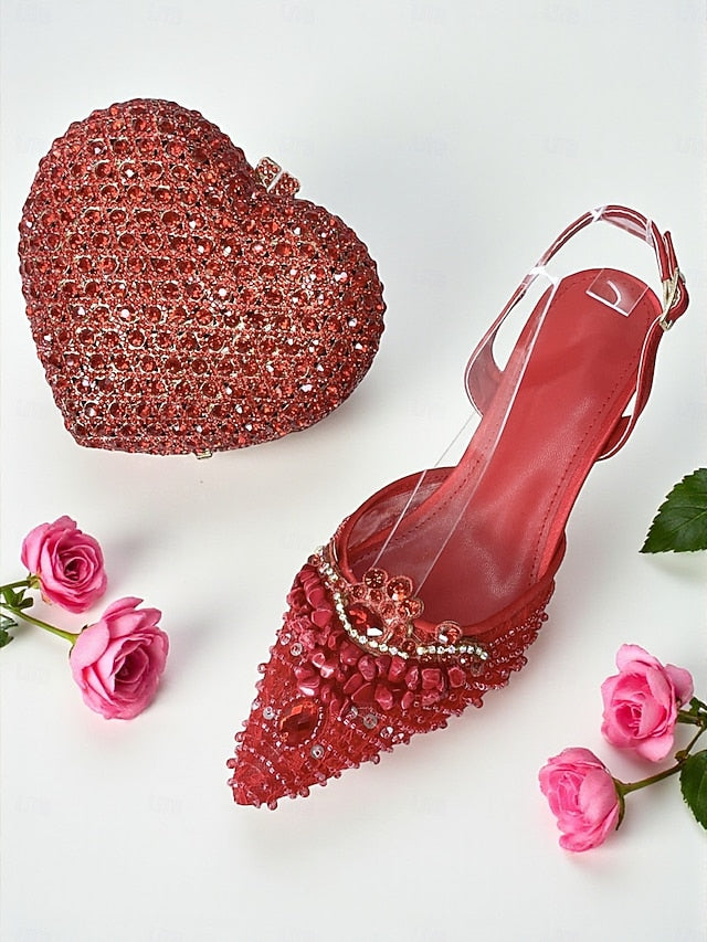 Rhinestone Set Shoes Green Bag - Clutch Heel Women's and