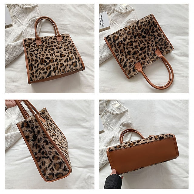Tote Bag with Leather Faux Leopard Print Brown Women's Fur