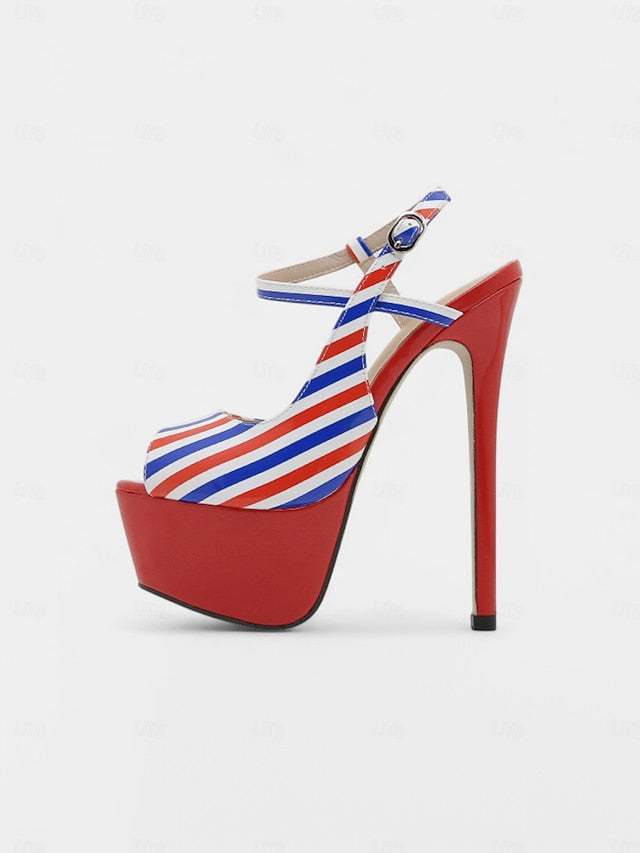 White Platform Red and Striped Blue Stiletto Heels Women's
