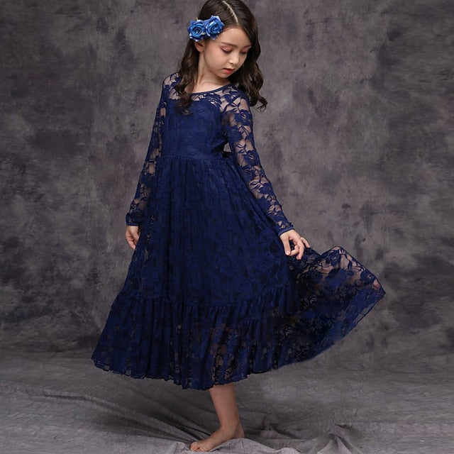 Long Girls' Solid Colored Girl Kids Dress Flower
