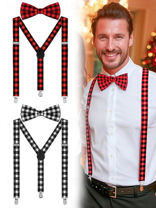 Men's Suspender Adjustable Tie Plaid and Christmas Set Bow