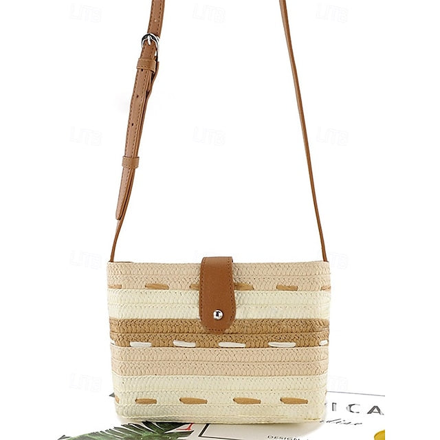 Gestreift mit Tasche Colorblock Damen Stroh gewebt braun Tote