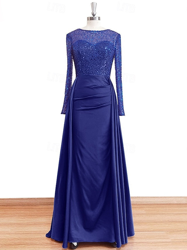 Evening Long Dress Gown Mermaid RuchedSatin Sleeves Sequin