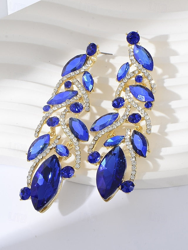 Leaf Design Earrings Women's Gold Elegant Crystal -