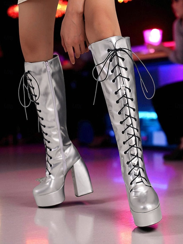 Lace-Up Platform Metallic - Women's Boots High Knee Silver