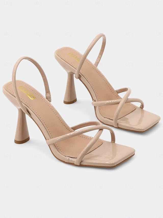 Square Beige Strappy – Toe with Design Sandals Heeled