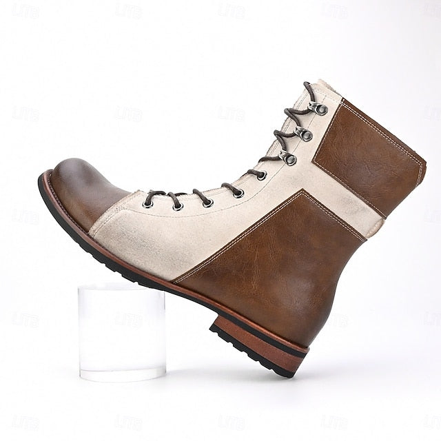 Lace-Up Men's Mid-Calf Faux Leather Two-Tone Vintage Boots