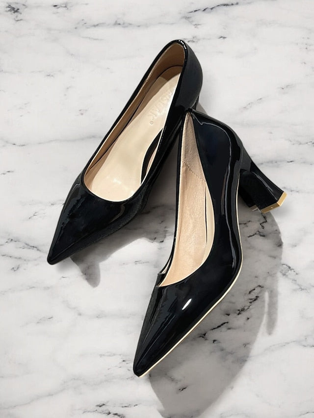 Pumps Patent Faux Pointed-Toe Heel Glossy Leather Green Block