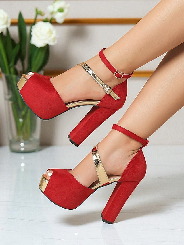 Toe Heel Suede Red Block Sandals Peep Women's Platform -