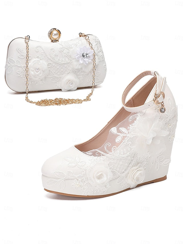 Wedding Shoes White Lace Embellishments with Floral