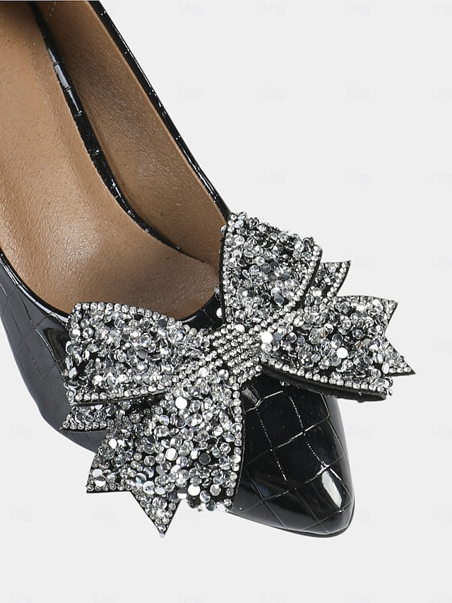 with Bow Patent Black Heels Wedge Glitter Women's Leather