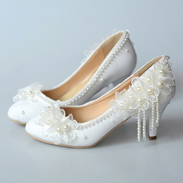 White Floral Platform Heels Wedding Lace with Women's