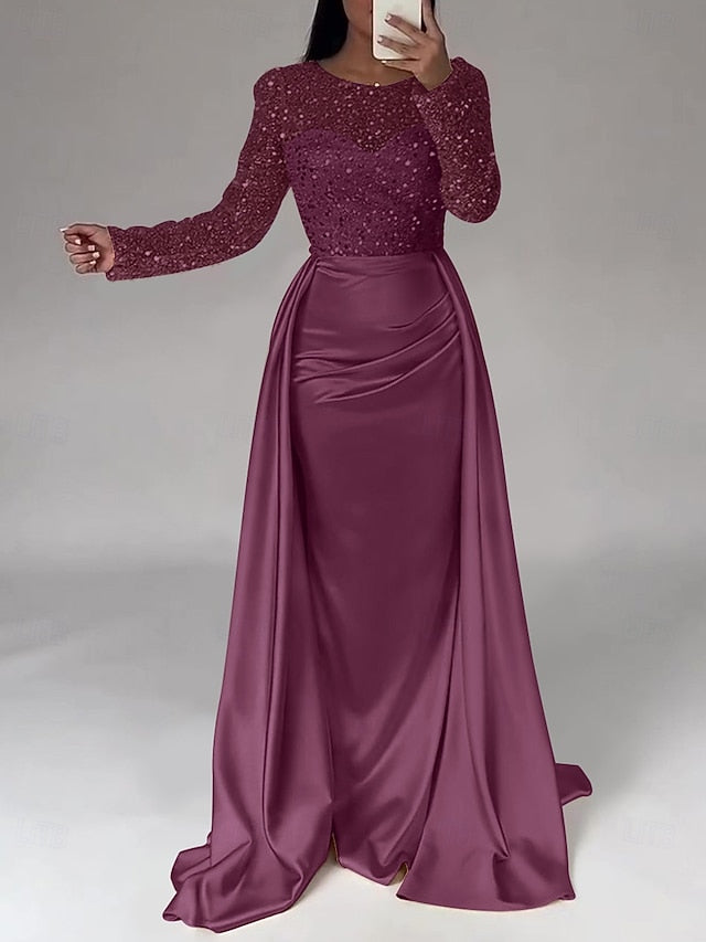 Evening Long Dress Gown Mermaid RuchedSatin Sleeves Sequin