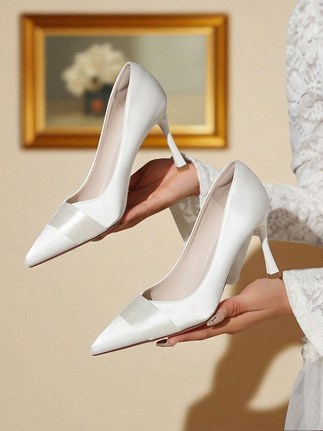 Women's Toe Pumps Dress Pointed Heel Satin - High Champagne