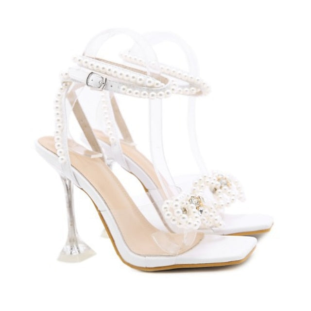 Women's High Clear Pearl-Embellished Sandals – Heel