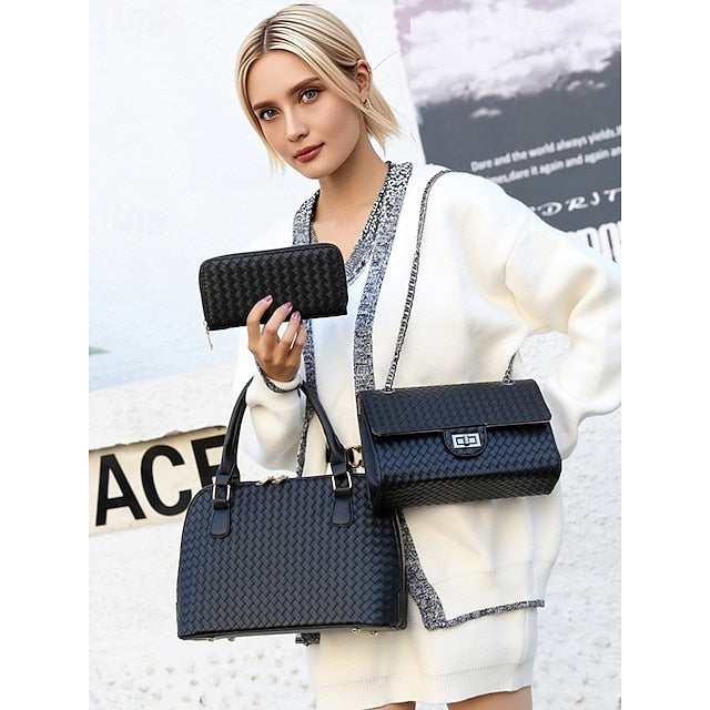 Ensemble de sacs à main en cuir marron tissé pour femme – 3 pièces en similicuir
