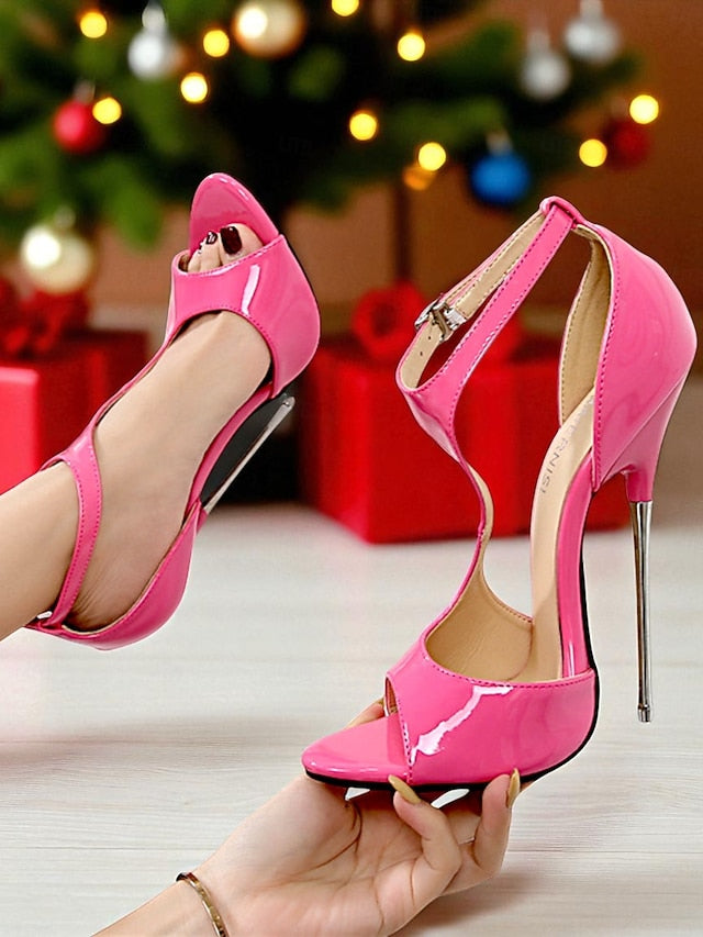 Stiletto Red Leather Strappy - Open Patent Heels Women's