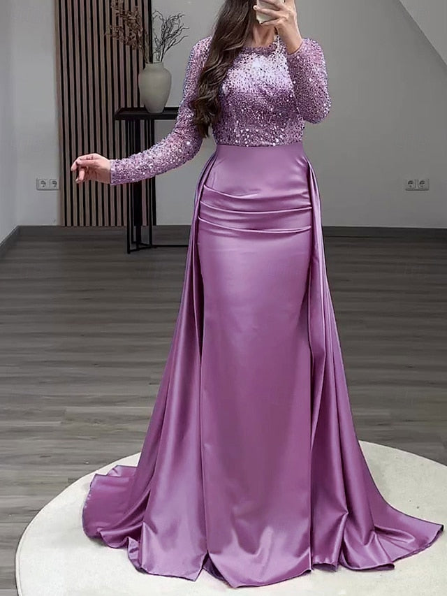 Evening Long Dress Gown Mermaid RuchedSatin Sleeves Sequin