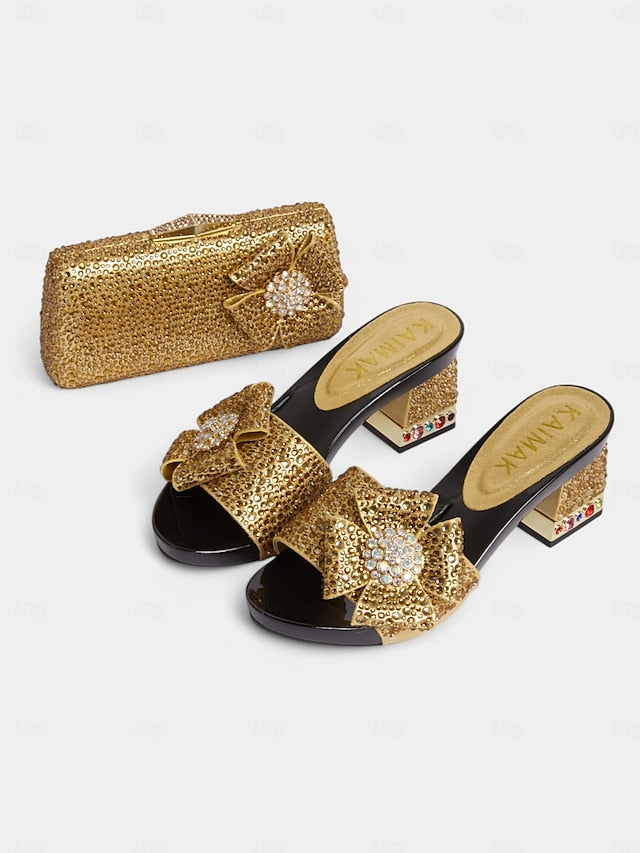 Heel High Clutch with Sandals Matching Bow Sparkling Rhinestone